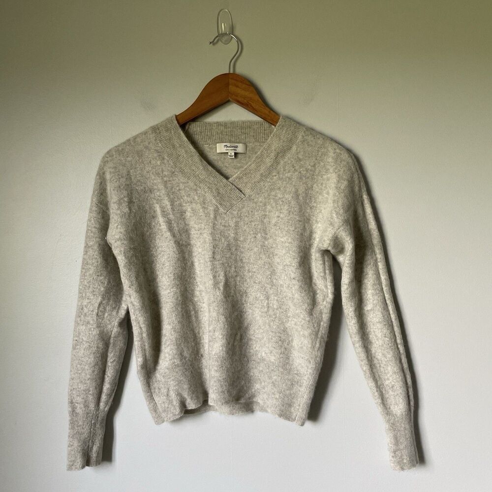 Madewell 100% Cashmere Knit Sweater V-Neck Gray Cream Women's Size Small